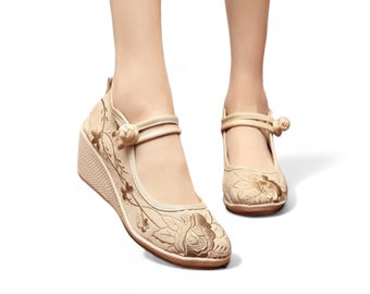 Beige Floral Embroidered Womens Wedge Sandals | 6cm/2.4" Wedge Platform Heels | Comfortable Womens Daily Walking Sandal Summer Shoes