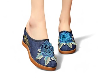 3d Flower Navy Blue Womens Wedge Slippers | Womens Wedge Slip On Sandals | Womens Platform Shoes with Lift | Comfortable Wedge Heel Sandals