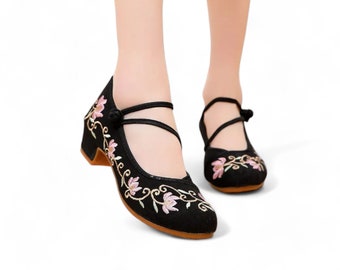 Black Low Block Heels with Floral Embroidery | Womens Low Heels | Black Womens Pumps with Pink Flowers | All Day Wear Womens Heels