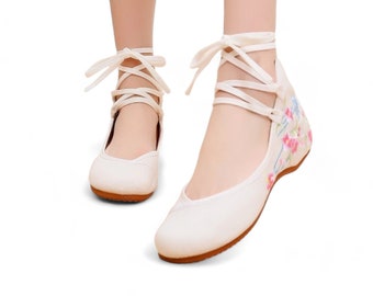 Off-White Ballet Flats | Embroidered Comfortable Canvas Flats | Casual Traditional Feminine Shoes| Pink Flower Lace-up Ankle Strap Flats
