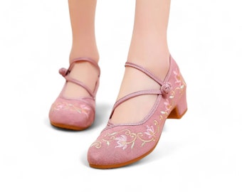 Pink Womens Low Heels | Low Block Heels with Floral Embroidery | Pink Womens Pumps with Pink Flowers | Womens Office Heels | Unique Heels