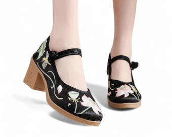 Black Womens Block Heels with Lotus Pond Embroidery | Black Womens Pumps | Unique Womens High Heels | Daily Wear Heels | Black Womens Shoes