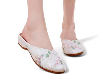 White Silky Slippers with Floral and Butterfly Embroidery & Faux Jade Accents | Traditional Chinese Mules | Handmade Womens Slippers