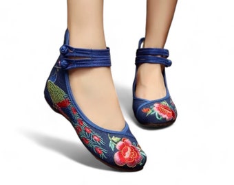 Blue Ballet Flats with Hand Embroidered Peacock and Flower | Traditional Qipao Shoes | Blue Casual Flat Slip Ons | Unique Shoes For Her