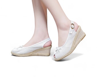 White Slingback Espadrilles Wedge Sandals | Peep Toe with Bow Tie Jute Canvas Espadrille Sandals | White Comfortable Adjustable Strap Wedges