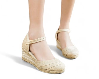 Sandali con zeppa espadrillas patchwork beige / Sandali con zeppa da donna in iuta vegana sostenibile fatti a mano / Sandali con zeppa alta in tela da donna Alpargatas