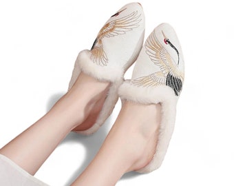 Women's House Fuzzy Slippers | Warm Winter Slippers | Embroidered Oriental Crane Women's House Slippers | Comfortable Women's Fuzzy Mules