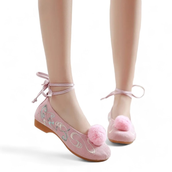 Pink Lace Up Ankle Strap Flat Shoes with Hand Embroidered Oriental Clouds and Fluffy Pom Pom | Cute and Unique Women's Round Toe Ballerinas