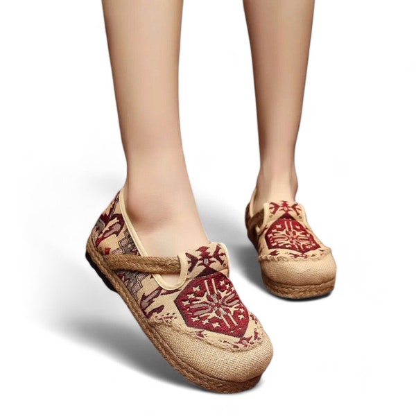 Dames canvas loafers | Jute Espadrille Loafers voor dames met rood Boho-ontwerp | Dames canvas wandelschoenen | Eco-vriendelijke schoenen