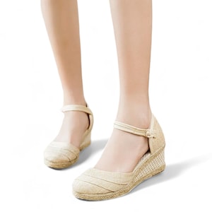 Sandales compensées beiges espadrilles en patchwork | Sandales compensées pour femmes en jute végétaliennes et durables faites à la main | Alpargatas compensées en toile pour femmes