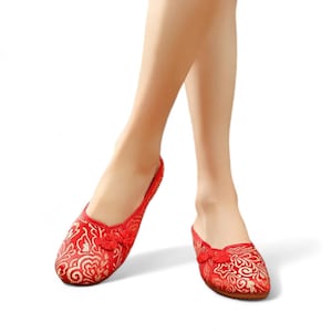 Red Wedding Chinese Tea Ceremony Bridal Slipper with Golden Floral Design | Red and Gold Qipao and Cheongsam Slip On Shoes | Bridal Slides