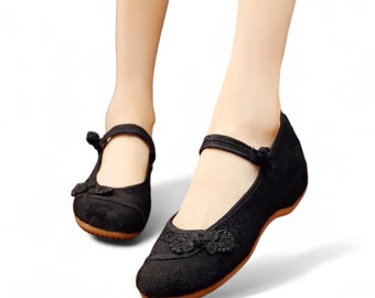 Black Chinese Style Ballet Flats with Ruyi Knot Applique | Women&#39;s Flat Shoes | Traditional Chinese Shoes | Gift for Her | Qipao Sh