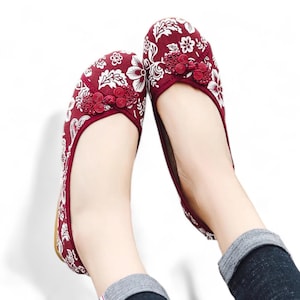 Dark Red Floral Print Ballet Flats with RuYi Knots | Comfortable Womens Spring Shoes | Cute Daily Wear Shoes | Women&#39;s Slip On Ballerinas
