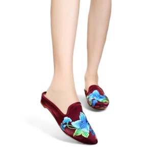 Burgundy Pointed Toe Flats Women&#39;s Slippers with Blue Hibiscus | Comfortable Casual Slides for Ladies | Women&#39;s Home Slippers | Gift for Mum