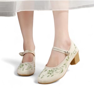 Beige Block Heels with Embroidered Leaves Design | Soft Comfortable Pumps | Wedding Bridal Heels | Bridesmaids High Heels | Gift For Her