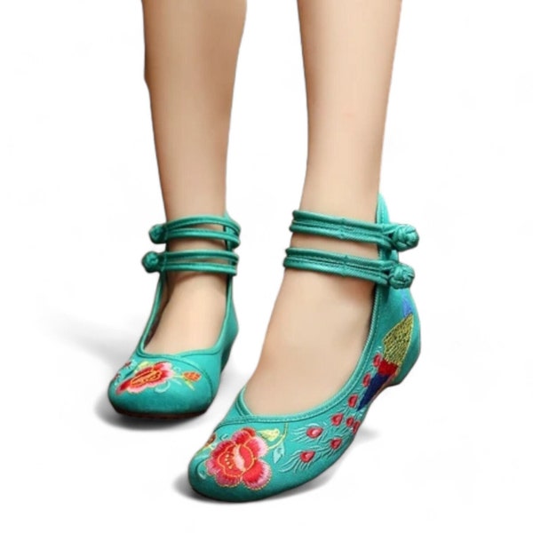 Green Ballet Flats with Hand Embroidered Peacock and Flower | Traditional Qipao Shoes | Green Casual Flat Slip Ons | Green Handmade Shoes