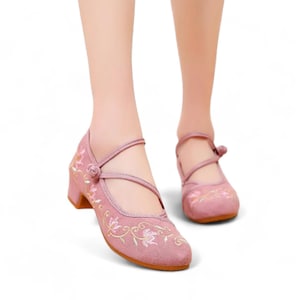 Pink Womens Low Heels | Low Block Heels with Floral Embroidery | Pink Womens Pumps with Pink Flowers | Womens Office Heels | Unique Heels