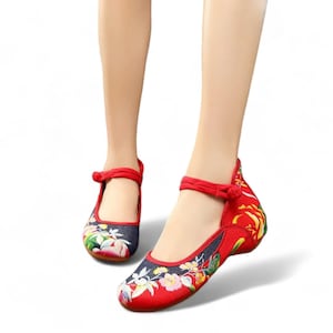 Red and Denim Womens Ballet Flats with Dragon Print and Hand Embroidered Floral Design | Stunning Statement Dragon Red Slip On Women&#39;s Shoes