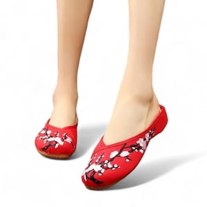 Red Embroidered Slippers with Sakura Plum Blossom Design | Womens Comfortable Slip On Slides | Traditional Red Chinese Bridal Slippers