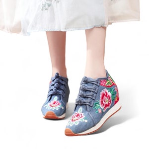 Denim Blue Women&#39;s Sneakers with Hand Embroidered Hibiscus | Hidden Lift Platform Sneakers for Women | Blue Comfortable and Unique Sneakers