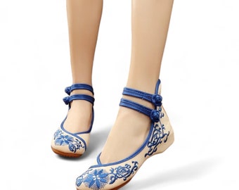 Blue Floral Ballet Shoes | Handmade Embroidered Flats | Women&#39;s Slip-On Shoes | Women&#39;s Shoes | Gift for Her | Comfortable Shoes for Women