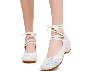 Women&#39;s Ballerinas Flat Shoes | Hand Embroidered Lovebirds and Flowers Ballet Flats | Slip On Summer Shoes | Cute Comfortable White Shoes
