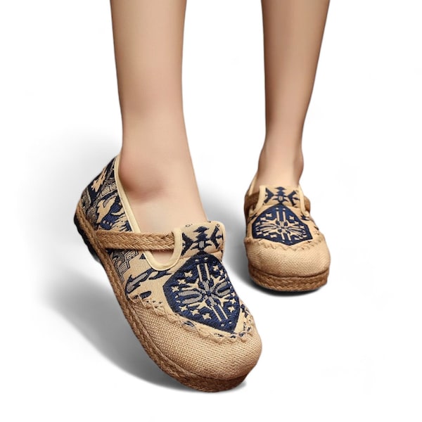 Dames canvas loafers | Jute Espadrille Loafers voor dames met blauw Boho Design | Dames canvas wandelschoenen | Eco-vriendelijke schoenen