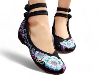 Handmade Women's Ballet Flats | Embroidered Floral Qipao Shoes | Comfortable Slip-on Flats | Floral Shoes | Spring Shoes | Summer Shoes