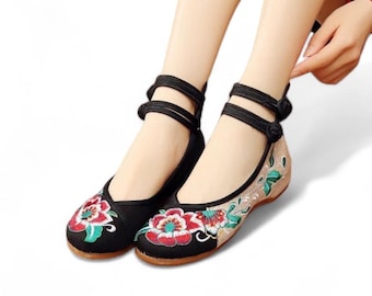 Black and Beige Canvas Womens Ballet Flats Shoes with Hand Embroidered Roses | Womens Slip Ons with Ankle Straps | Handcrafted Womens Shoes