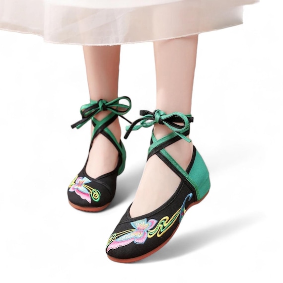 Green & Black Ballet Flats With Hand Embroidered Pink