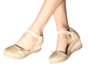 Beige Womens Espadrilles Wedge Sandals | Handmade Women's Summer Shoes | Comfortable Jute Espadrille Womens Wedges | Womens Platform Shoes