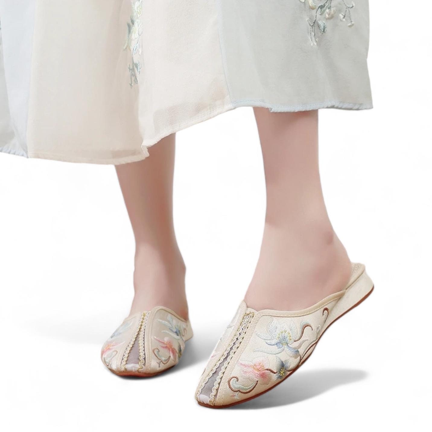 Cream White Satin Embroidered Flat Mules | Comfortable Breathable Womens Slippers | Summer Slide Shoes for Ladies | White Elegant Slip Ons