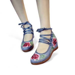 Blue Handmade Hidden Wedge Sandals for Women | Hand Embroidered Cotton Canvas Raised Heel Sandals | Denim Blue Lace Up Ankle Shoes for Girls