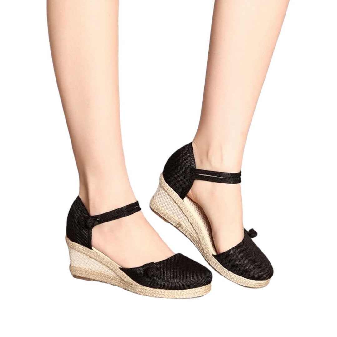 Womens Jute Wedge Espadrilles With Chinese Button Closure