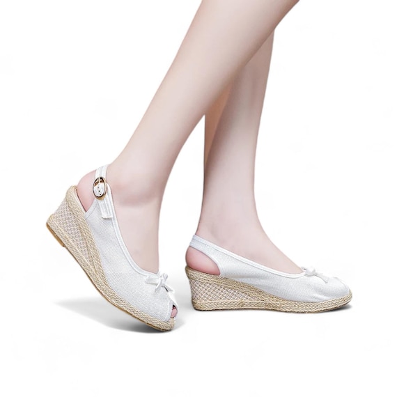 White Slingback Espadrilles Wedge Sandals Peep Toe With Bow Tie Jute Canvas Espadrille Sandals White Comfortable Adjustable Strap Wedges Etsy UK