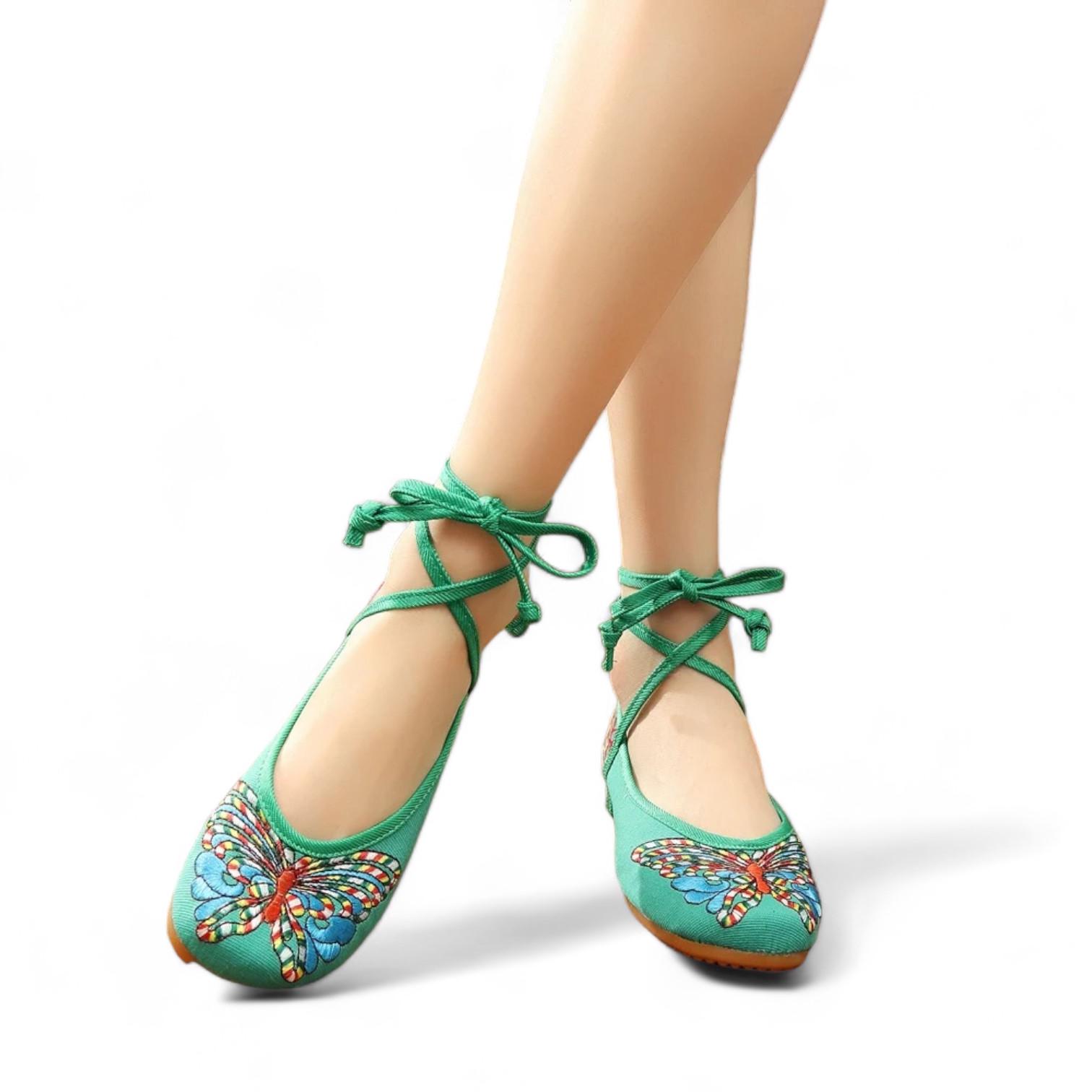 Black Ballet Flats With Colorful Embroidered Butterfly