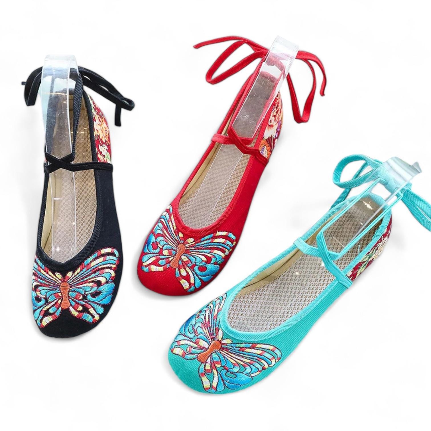 Black Ballet Flats With Colorful Embroidered Butterfly Black Ballet Flats With Colorful Embroidered Butterfly