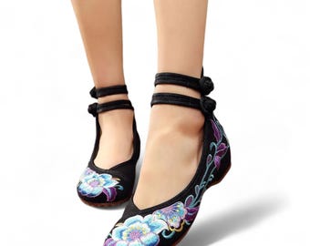 Handmade Women&#39;s Ballet Flats | Embroidered Floral Qipao Shoes | Comfortable Slip-on Flats | Floral Shoes | Spring Shoes | Summer Shoes