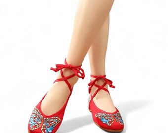 Black Ballet Flats With Colorful Embroidered Butterfly Black Ballet Flats With Colorful Embroidered Butterfly