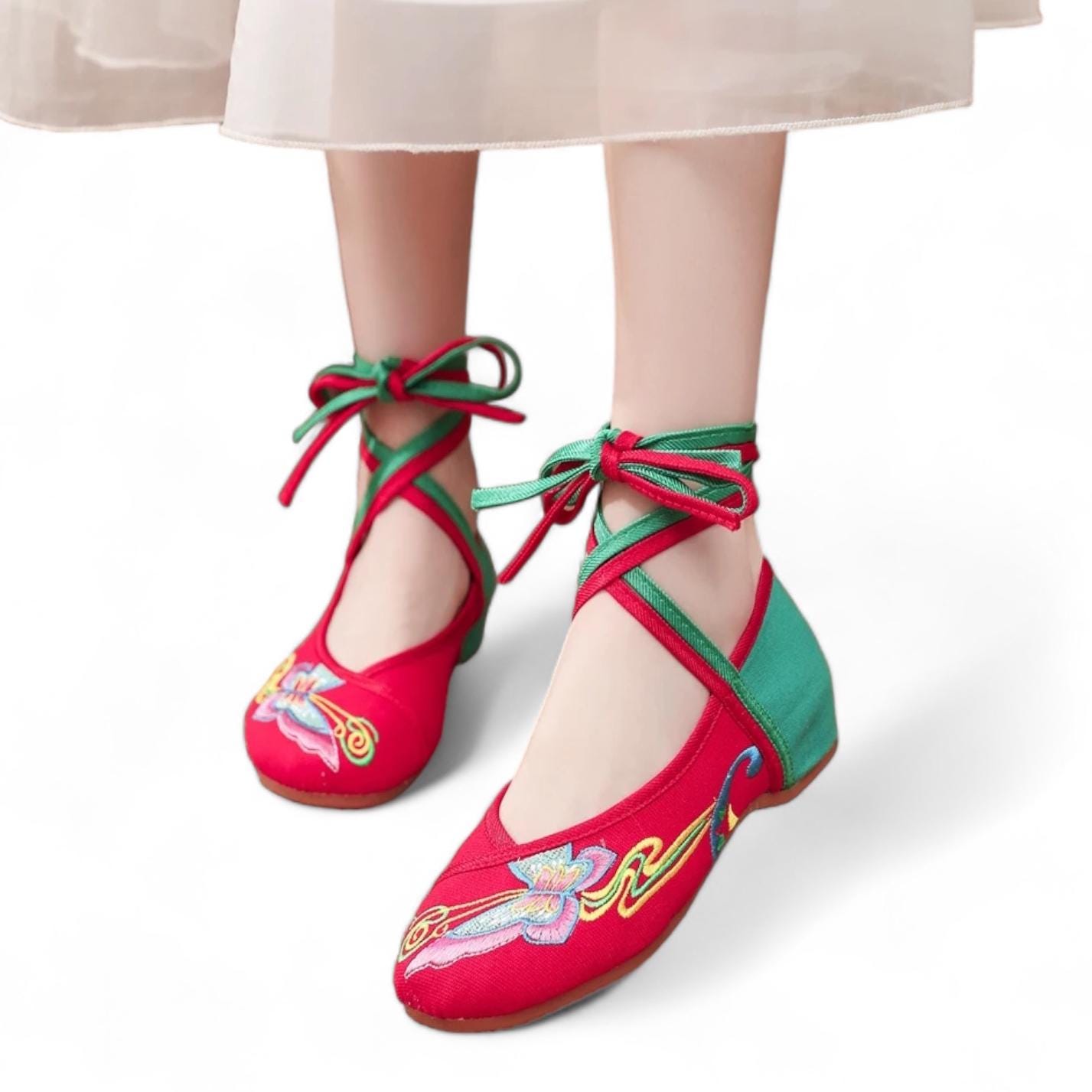 Green & Black Ballet Flats With Hand Embroidered Pink