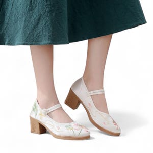 Shiny White Womens Block High Heels | Hand Embroidered White Wedding High Heels | Unique White Bridal Heels | Comfortable Bridal Pumps