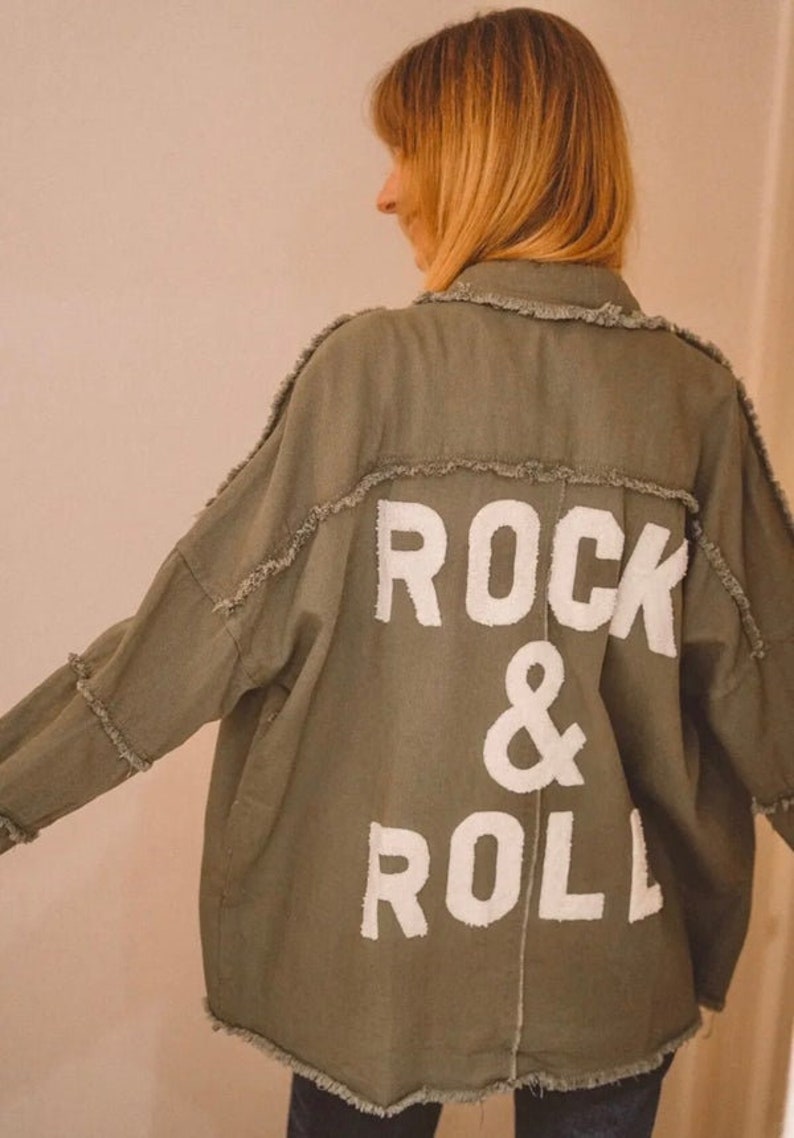 Veste jubylee kaki inscription Rock'n'roll en bouclette blanche image 1