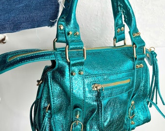 Sac Ciaga tendance cuir brillant bleu turquoise- confection italienne