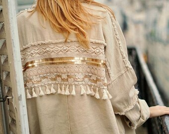 Veste jubylee beige frange sequins et perles