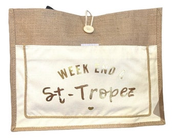 Sac cabas  inscription Week-end à Saint Tropez en doré  jute nouvelle co.