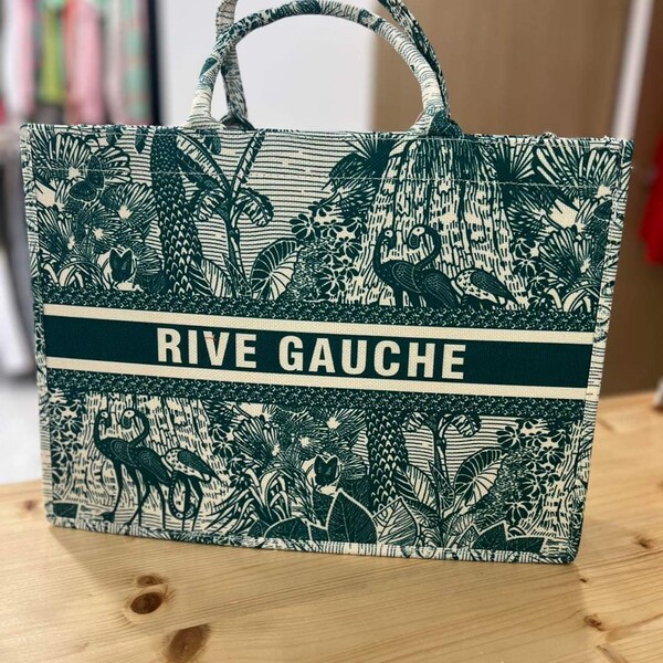 Sac cabas rigide " Rive Gauche Paris "  imprimé toile de Jouy,  jungle . Forme rectangulaire . Nouvelle co. VERT