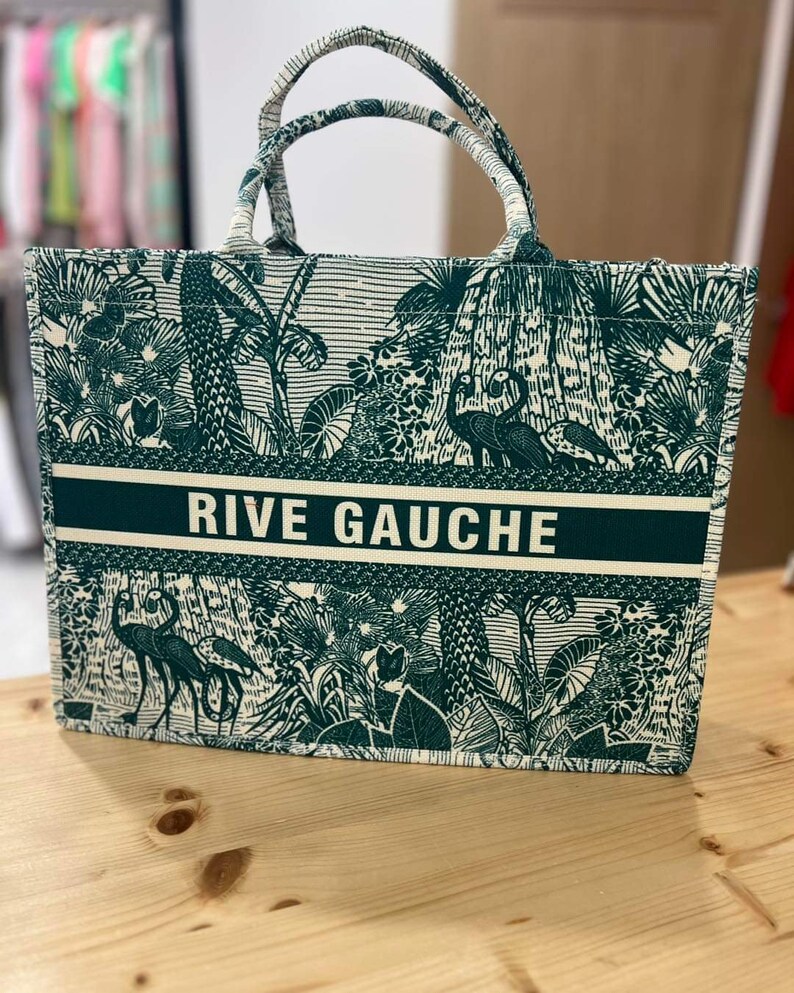 Rigid Rive Gauche Paris tote bag with toile de Jouy, jungle print. Rectangular shape. New co. GREEN image 1