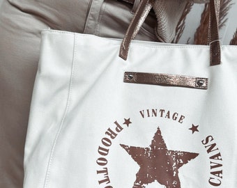 Grand sac blanc vintage coton avec Etoile et anses cuir cuivré brillant