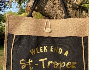 Tote bag with Weekend in Saint Tropez inscription in gold jute new co. Model 2