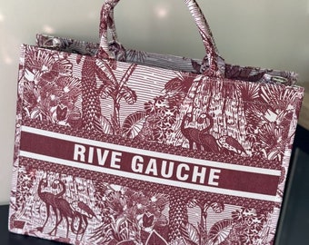 Borsa tote rigida "Rive Gauche Paris" con toile de Jouy, stampa giungla. Forma rettangolare. Nuova società Bordeaux.